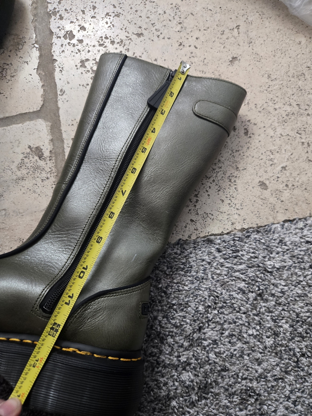 Dr. Martens Olive Green Leather Knee-High Zip Boots with Yellow Stitching - Picture 14 of 16